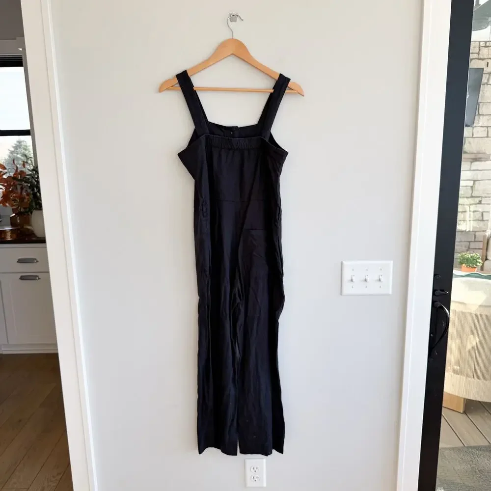 Everlane The Linen Picnic Straight Leg Square Neck Jumpsuit Washed Black 0